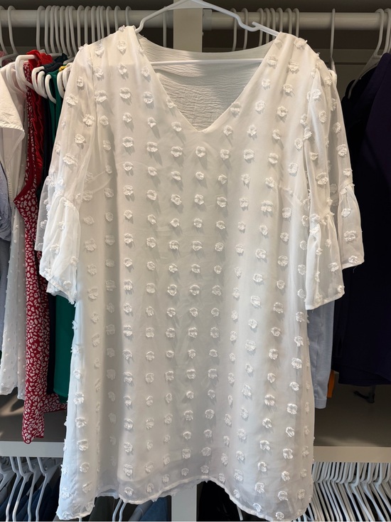 Amazon Dresses & Skirts - Amazon White Textured Mini Dress with Puff Dot Detail